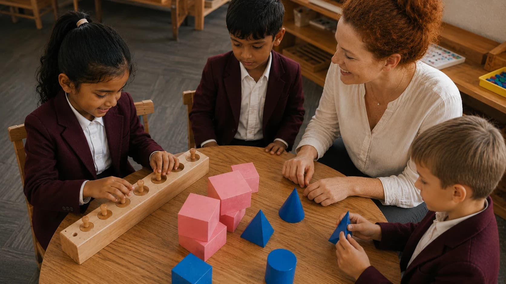 De jeunes enfants et une enseignante trient des cylindres en bois et des solides géométriques colorés autour d'une table