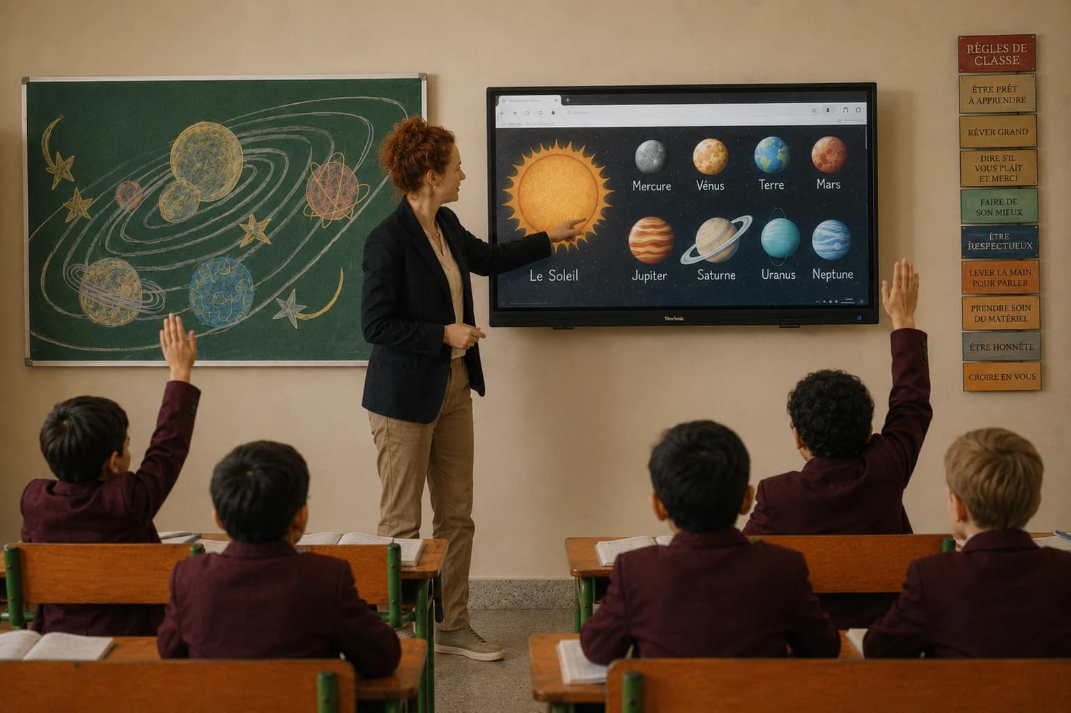Une enseignante devant un écran interactif présentant le système solaire, des enfants la main levée