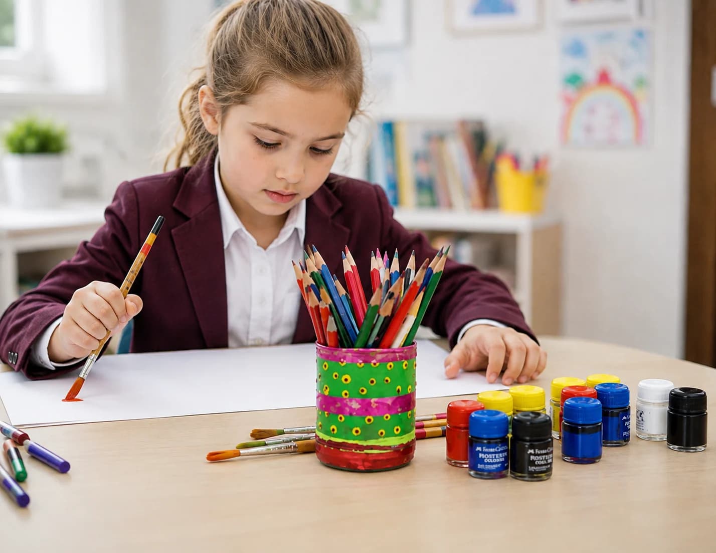 Une élève en uniforme scolaire en train de peindre, entourée de crayons de couleur et de peintures